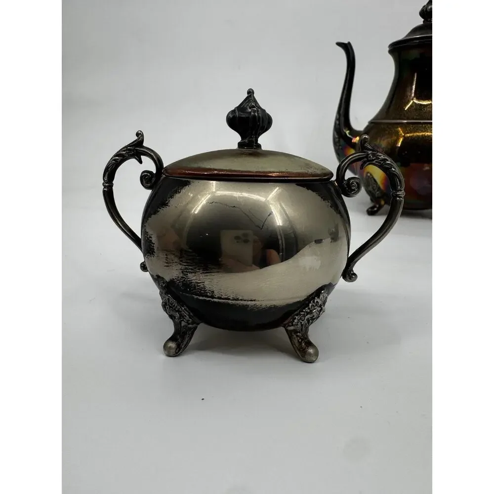 SMP Co Silversmiths Vintage Tea Set Silver on Copper Teapot Creamer Sugar